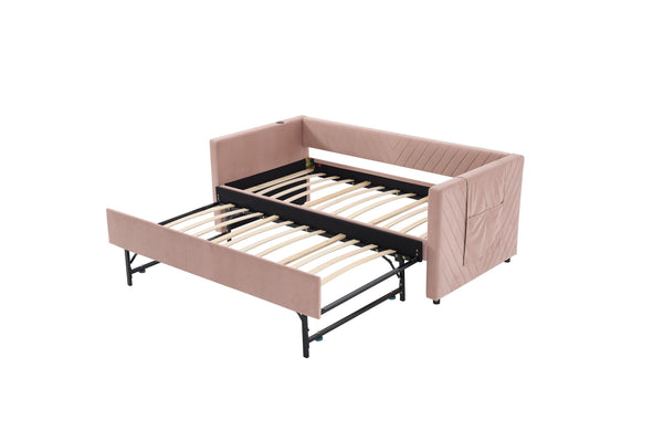 English Elm Twin Velvet Upholstered Daybed with Trundle, V-Pattern Backrest, USB Port, Side Pockets, Sturdy Design Pink W1361S00042