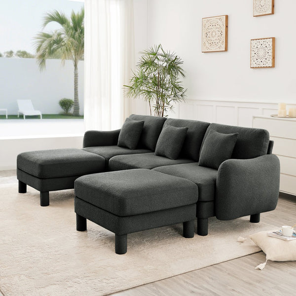 English Elm Boucle U-Shape Sectional Sofa With Shell Armrests & Movable Ottomans - Elegant Dark Grey Comfort W3041S00302