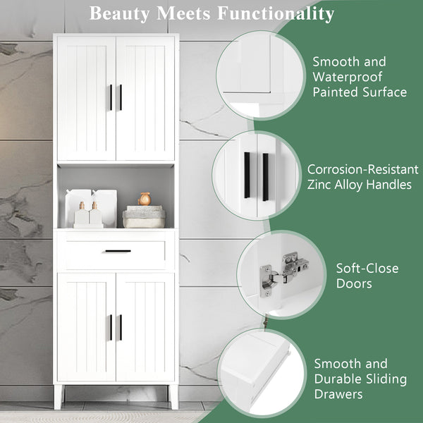 English Elm 70.9" High Freestanding Tall Bathroom Cabinet with Soft-Close Doors, Drawer & Adjustable Shelves for Organized Living White N729P272001K