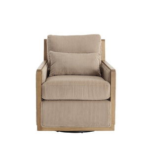 English Elm Corduroy Swivel Barrel Chair with Removable Cushion 360° Metal Base Sturdy Hardwood Frame Cozy Lounge Seat Camel W395P209394