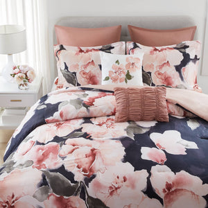 English Elm 7-piece King Comforter Set Cotton Print Bedding with Embroidered Pillows Layered Bedroom Blush Multi B035P482947