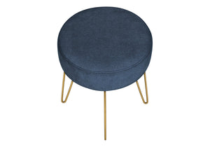 English Elm Ottoman, 14" Round Blue Plush Pouf with Gold Hairpin Legs — Versatile Footrest, Seat & Accent Piece B2710P220008