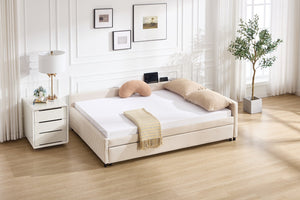 English Elm Upholstered Velvet Daybed with Pull Out Trundle Diamond Tufted Guest Bedroom Sofa Beige W1361S00069