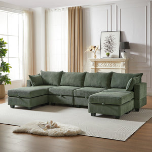 English Elm 113.5'' Modular Sectional Sofa with Storage Ottoman, Convertible U or L Shape Sleeper for 6 Seats Green W834S00251