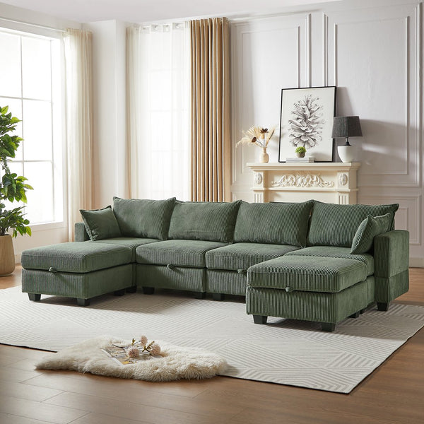 English Elm 113.5'' Modular Sectional Sofa with Storage Ottoman, Convertible U or L Shape Sleeper for 6 Seats Green W834S00251