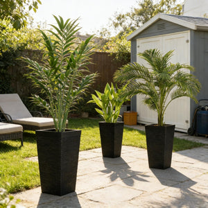 English Elm Modern Faux Stone Tapered Outdoor Planters Set of Three with Rolling Wheels Patio Ready T3971P459659