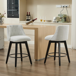 English Elm 007-360° Swivel Bar Stools Set of 2 25" Counter Height Linen Tufted Back Solid Wood Frame Durable Upholstery White W2636P242111