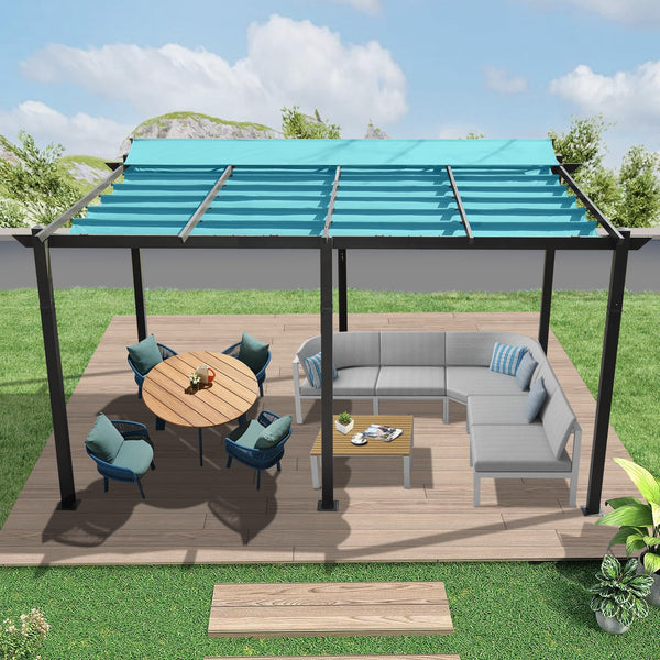 English Elm 11 11 X 16 FT Retractable Pergola with Weather-Resistant Canopy, Aluminum Frame, Easy Assembly, Versatile Outdoor Shade and Entertainment Space Lake Blue W1859S00077