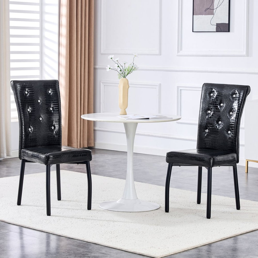 English Elm A Set of 2 Crystal Button Faux Leather Dining Chairs with Embossed Croc Texture Black W3226P340215
