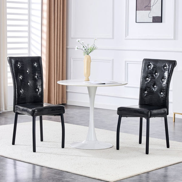 English Elm A Set of 2 Crystal Button Faux Leather Dining Chairs with Embossed Croc Texture Black W3226P344029