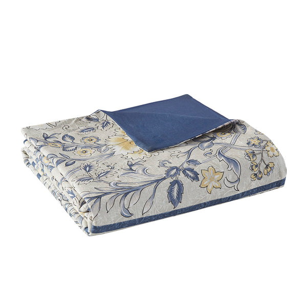 JLA Home Harbor House Blue - 5 Cotton Duvet Cover Set with Yellow & Blue Botanical Print, OEKO‑TEX, Breathable Slub Cotton Design 90 L x 90 W x 1.5H HH12-1803