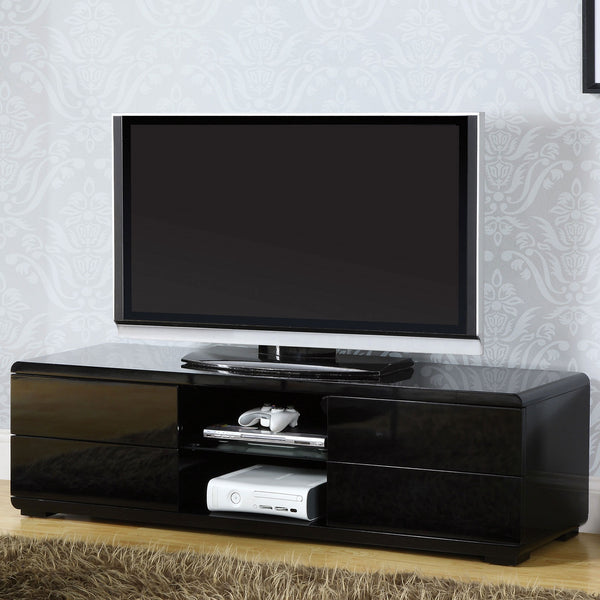 English Elm Black High Gloss Lacquer TV Console 59"W with Full-Extension Drawers, Open Shelves & Rear Access B2741P362546