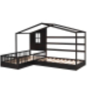 English Elm Wood House Bed L-shaped Twin Frame Pinewood Kids Room Peaked Roofline Espresso Finish LP001345AAP