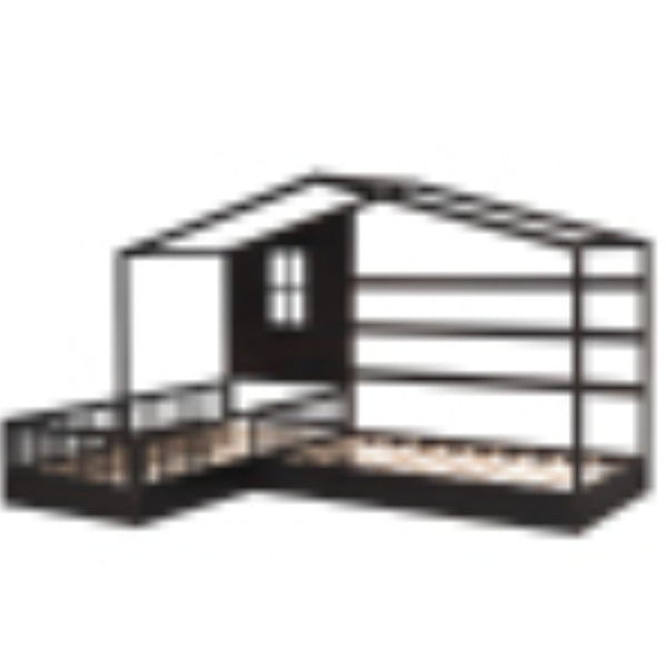 English Elm Wood House Bed L-shaped Twin Frame Pinewood Kids Room Peaked Roofline Espresso Finish LP001345AAP