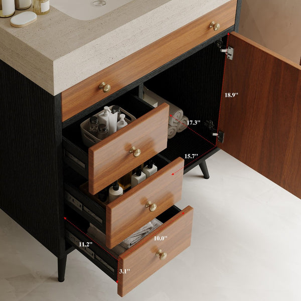 English Elm 29.9" Floating Bathroom Vanity Sintered Stone Top Soft Close Drawers Bronze Gold Hardware W3136S00043