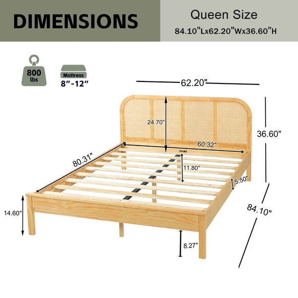 English Elm Queen Solid Pine Bed Frame with Woven Rattan Headboard for Coastal Boho Bedrooms N758Q465253N