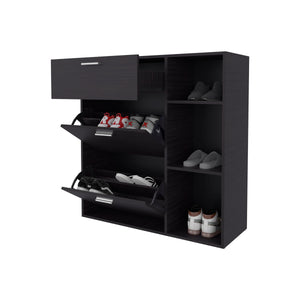 English Elm Sierra Wenge Shoe Cabinet with 2 Tilt-Outs, Top Drawer & 3 Open Side Shelves – Vertical Storage, Scratch-Resistant Finish B128P375277