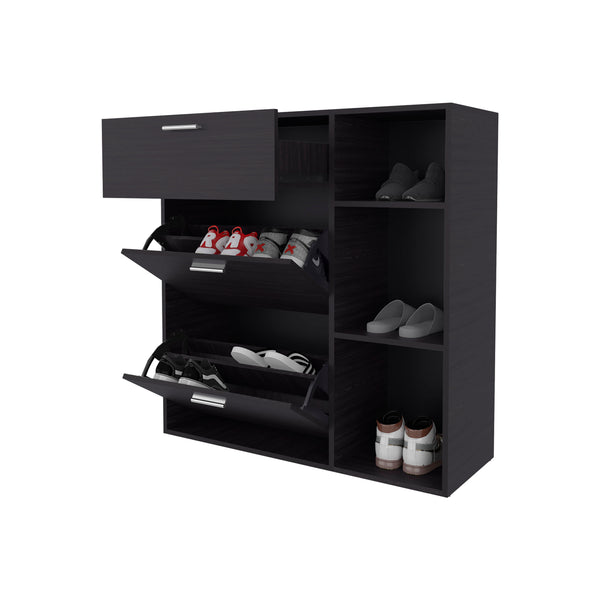 English Elm Sierra Wenge Shoe Cabinet with 2 Tilt-Outs, Top Drawer & 3 Open Side Shelves – Vertical Storage, Scratch-Resistant Finish B128P375277