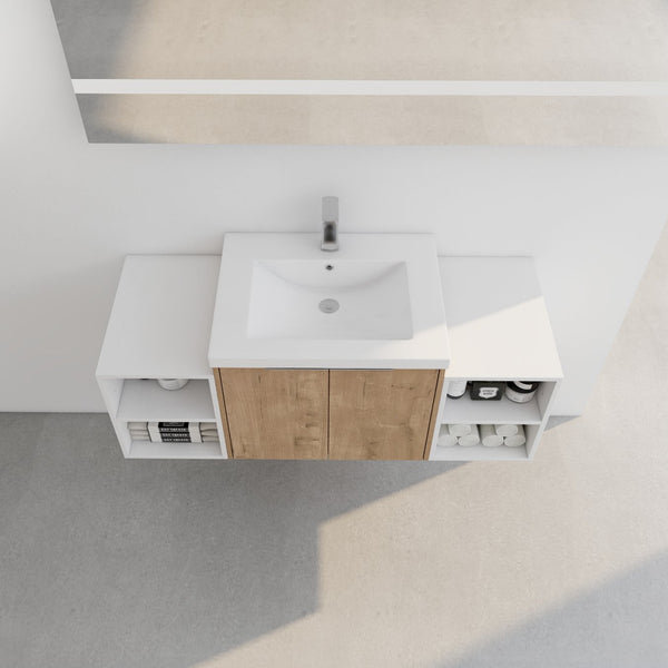 English Elm 48 Inch Wall Mounted Bathroom Vanity with Resin Sink, Soft-Close Doors, Metal Handles, Storage—Durable Eco Plywood Imitative Oak W999S00184