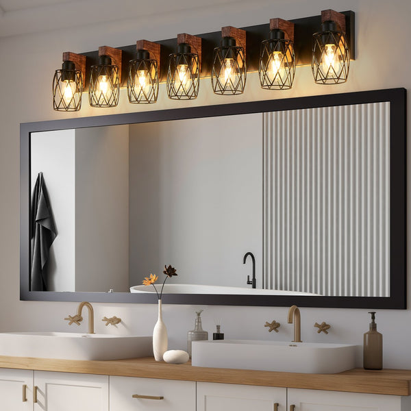 English Elm Industrial Vintage 7-Light Wall Sconce Black Cage with Walnut Wood Accents Hardwired E26 Fixture Ideal for Bathroom Hallway Vanity Lighting W2312P374841