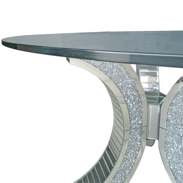 English Elm Dining Table Round Tempered Glass Top Mirrored Crushed Diamond Pedestal Glam Luxury W3836S00002