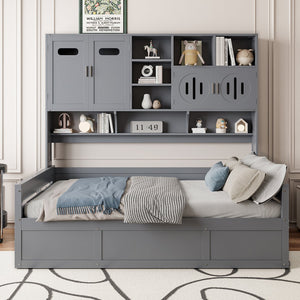English Elm Full Size Wooden Daybed With Hydraulic Lift, Integrated Storage Cabinet & Shelves In Gray Finish N820S00047E