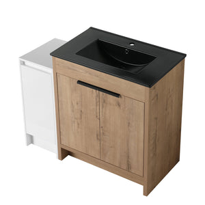 English Elm 42 Inch Freestanding Bathroom Vanity With Black Ceramic Sink, Soft-Close Doors, And Storage Solutions W999S00310