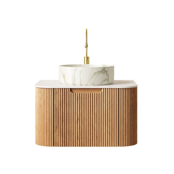 English Elm Dina Floating Bathroom Vanity with Sintered Stone Top and Crystal Glass Basin Carrara White,Natural Wood,Stone White W2615S00382