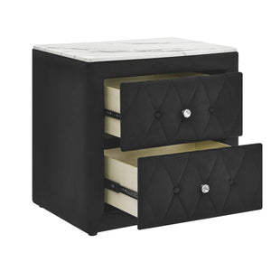 English Elm 1pc Velvet Tufted Nightstand with Faux Marble Top, Crystal Knobs and Two Spacious Drawers, Chic Bedroom Accent Black 28.03 L x 20.28 W x 27.17 H B2741P321092