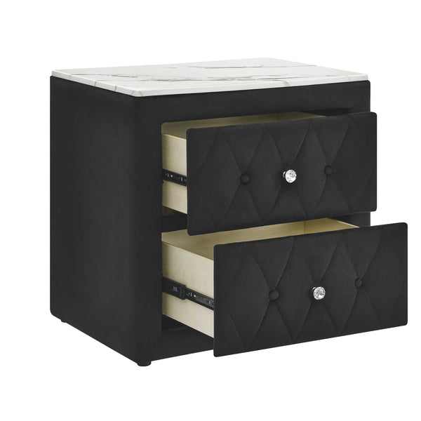 English Elm 1pc Velvet Tufted Nightstand with Faux Marble Top, Crystal Knobs and Two Spacious Drawers, Chic Bedroom Accent Black 28.03 L x 20.28 W x 27.17 H B2741P321092