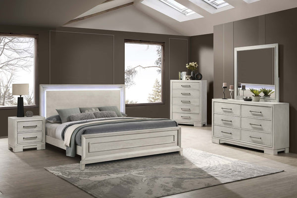 English Elm Elegant Queen Platform Bed with Led Headboard in Antique White for Bedroom B011S02074