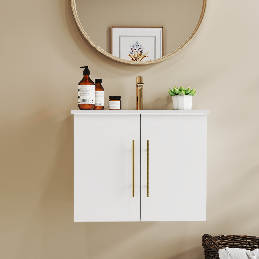 English Elm 24-Inch Wall-Mounted Bathroom Vanity With Ceramic Sink, Soft-Close Doors, Stylish Gold Handles & Storage W3151S00032