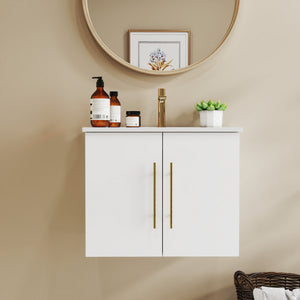 English Elm 24-Inch Wall-Mounted Bathroom Vanity With Ceramic Sink, Soft-Close Doors, Stylish Gold Handles & Storage W3151S00032