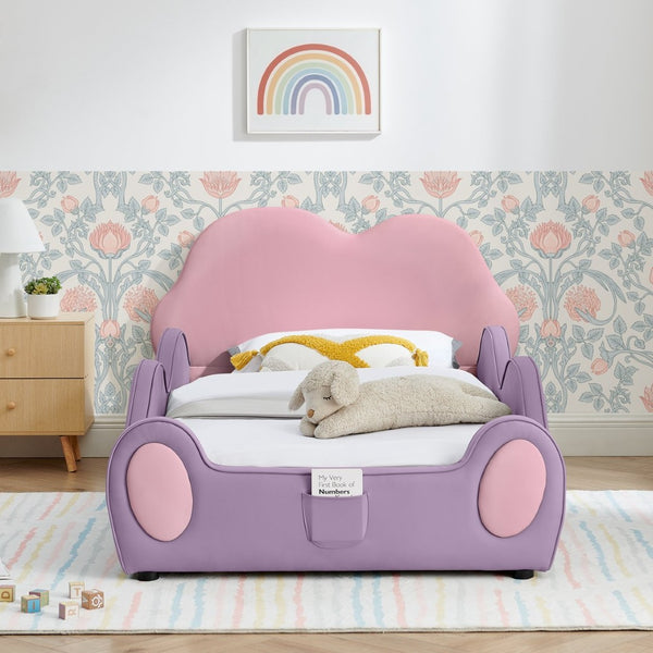 English Elm Twin Cloud Shaped Toddler Bed Upholstered Pu Leather with Guardrails and Storage Pocket Pink Purple W1413S00185