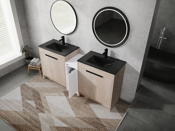English Elm 72 Inch Freestanding Bathroom Vanity Set With Black Ceramic Sinks, Soft-Close Doors & Storage Solutions W999S00319