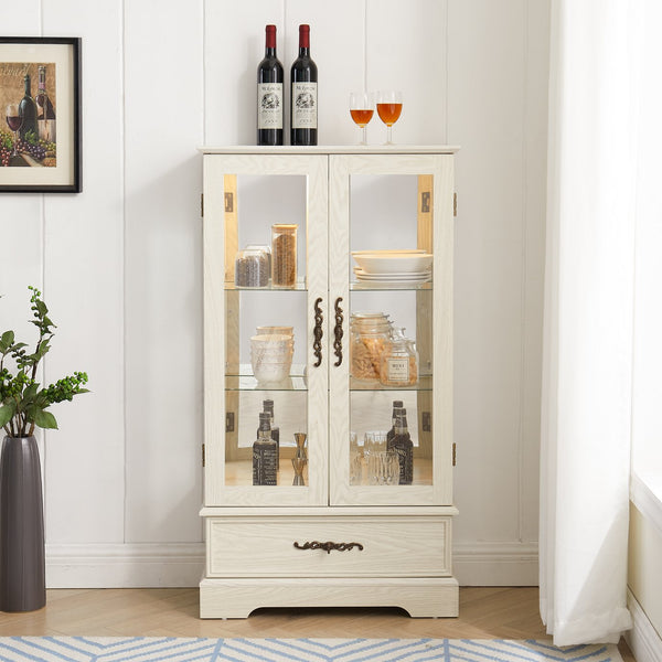 English Elm Lighted Glass Curio Cabinet - Elegant 2-Door Display With Adjustable Shelves & Integrated Lighting, White Finish W1758P300115