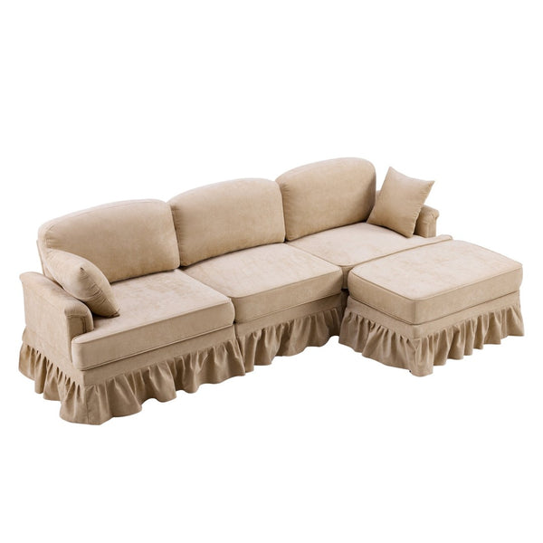 English Elm 103.15'' Chenille L-shaped Sectional Sofa with Detachable Pleated Skirt and Ottoman Khaki W3612S00045
