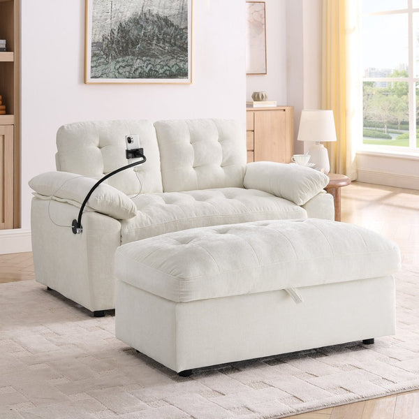 English Elm Leisure Chenille Two Seat Reclining Sofa with Usb Port Storage Ottoman Padded Armrests Beige W487S00520