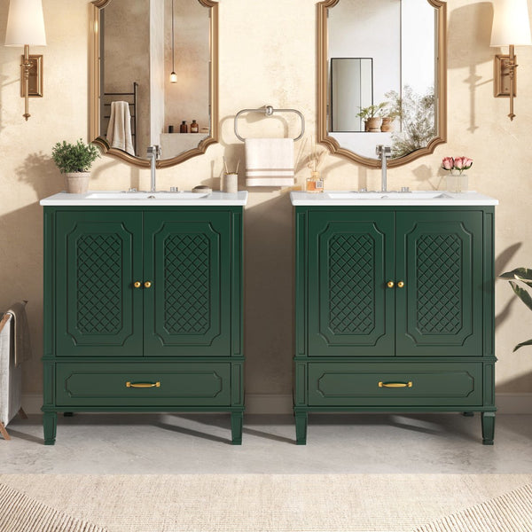 English Elm Christopher Knight Home® - 60" Bathroom Vanity Double Sink Freestanding Set with Ceramic Tops, Ample Adjustable Storage Green N759S313313F