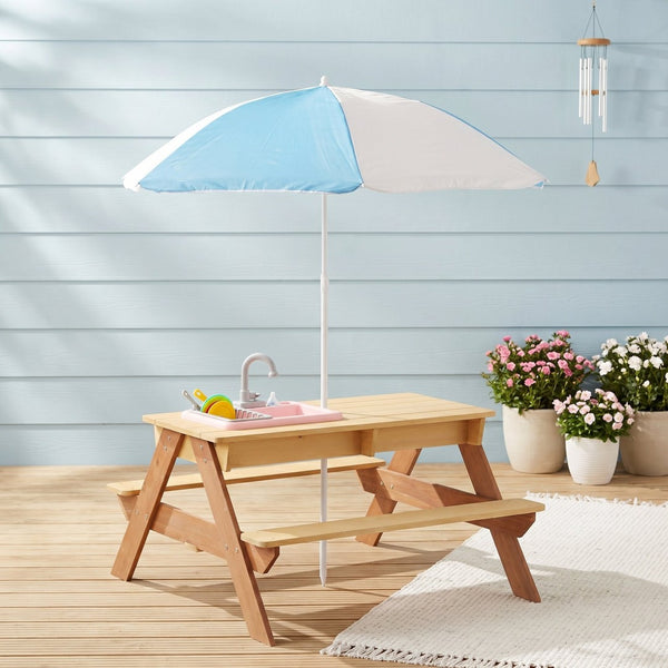 English Elm Wooden Cedar Kids Activity Table with Shade Umbrella for Backyard Sand and Water Play W2640P454242