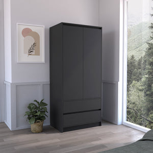 English Elm Armoire, Spacious Engineered Wood Wardrobe with Two Drawers, Hanging Rod and Hidden Storage Appeal Black 52 L x 19 W x 4 H B097S00100