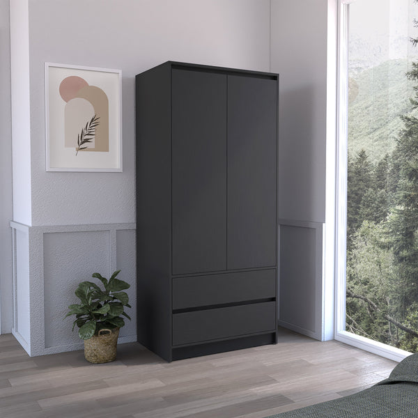English Elm Armoire, Spacious Engineered Wood Wardrobe with Two Drawers, Hanging Rod and Hidden Storage Appeal Black 52 L x 19 W x 4 H B097S00100
