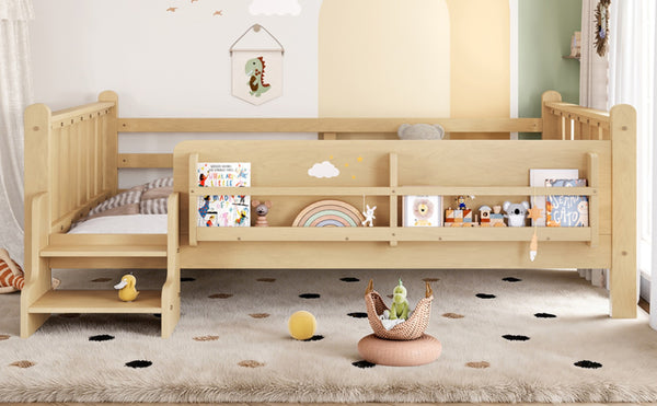 English Elm Twin Pine Floor Bed with Guardrails Built-in Bookcases and Stair Steps for Kids W1580P430186