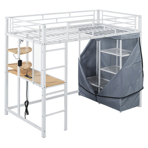 English Elm Twin Loft Bed with Built-In Desk, LED Light Strip, Power Outlet & Fabric Wardrobe for Small Rooms White SF000178AAK