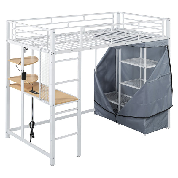 English Elm Twin Loft Bed with Built-In Desk, LED Light Strip, Power Outlet & Fabric Wardrobe for Small Rooms White SF000178AAK