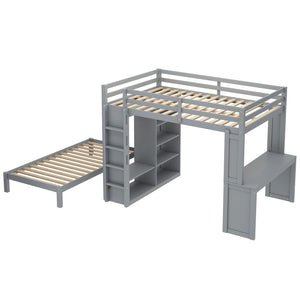 English Elm Queen Solid Wood Bunk Bed With Dismountable Twin, Desk, Shelves & Wardrobe - Modern Grey Design W1580S00215-GIGA