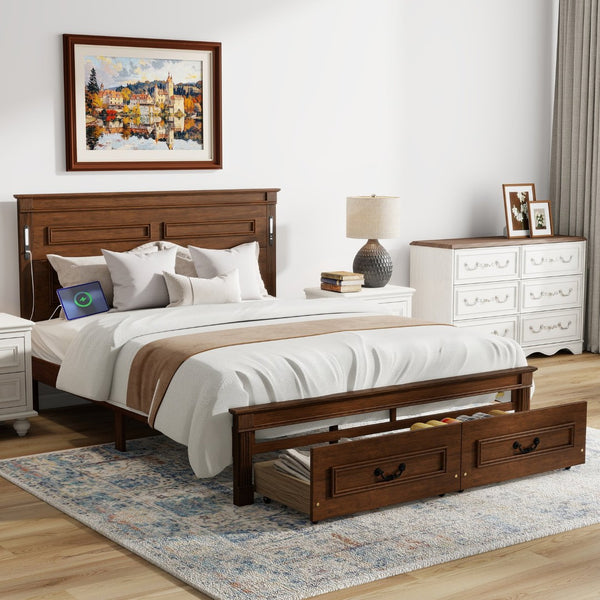 English Elm Queen Farmhouse Pinewood Storage Bed with Led Lighting Usb Charging and Panel Headboard Walnut W504P391016