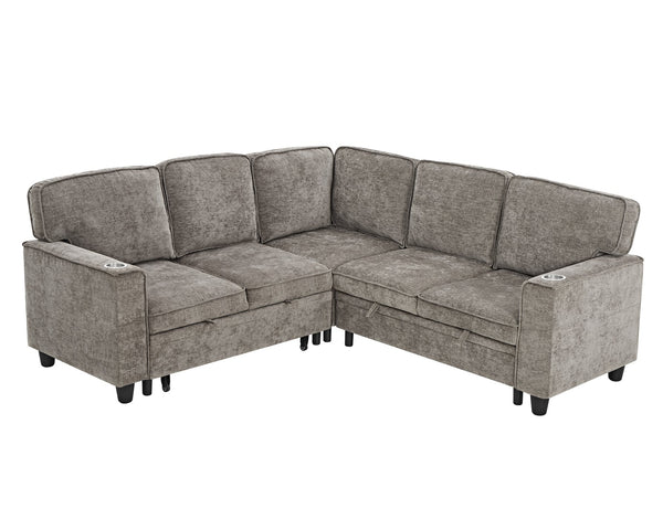 English Elm L-Shaped Sofa with Pull-Out Bed and Storage, 5-Seat Sectional with USB, Cup Holders, Cozy Chenille Light Brown W1998S00062