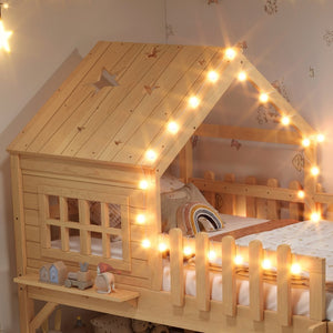 English Elm Twin Playhouse Loft Bed Solid Pine Frame with Slide Led Lights and Star Roof Natural W5316S00002