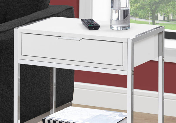 English Elm Accent Table - Modern Glossy White Nightstand With Chrome Metal Base & Storage Drawer For Small Spaces B2710P219304